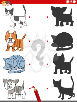 Cartoon Illustration of Match the Right Shadows with Pictures Educational Task for Children with Cats and Kittens Characters