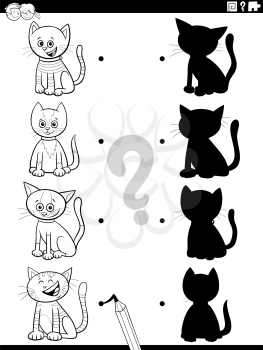 Black and White Cartoon Illustration of Match the Right Shadows with Pictures Educational Game for Kids with Cats and Kittens Characters Coloring Book Page