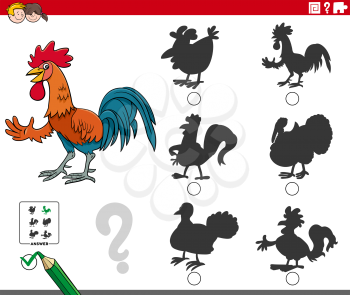 Cartoon Illustration of Finding the Right Shadow to the Picture Educational Game for Children with Rooster Farm Animal Character