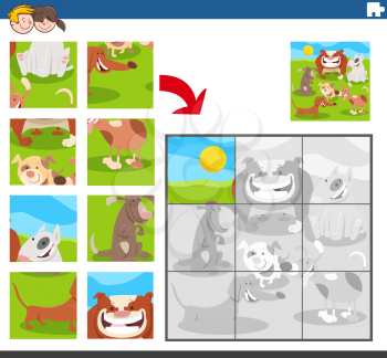 Cartoon Illustration of Educational Jigsaw Puzzle Game for Kids with Dogs and Puppies Animal Characters Group