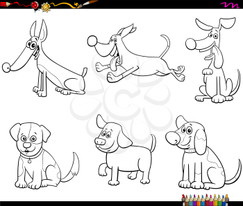 Black and White Cartoon Illustration of Dogs and Puppies Pet Animal Comic Characters Collection Set Coloring Book Page