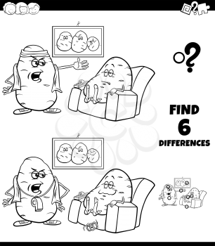 Black and White Cartoon Illustration of Finding Differences Between Pictures Educational Game for Children with Couch Potato Proverb Coloring Book Page
