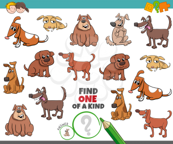 Cartoon Illustration of Find One of a Kind Picture Educational Game with Comic Dogs and Puppies Animal Characters