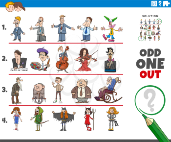 Cartoon illustration of odd one out picture in a row educational game for elementary age or preschool children with funny people characters