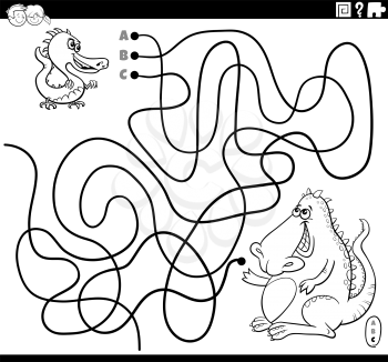 Black and white cartoon illustration of lines maze puzzle game with baby dragon character and his mother coloring book page