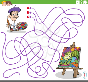 Cartoon illustration of lines maze puzzle game with artist painter character and his painting on easel