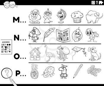 Black and White Cartoon Illustration of Finding Pictures Starting with Referred Letter Educational Task Worksheet for Preschool or Elementary School Kids With Funny Characters Coloring Book Page