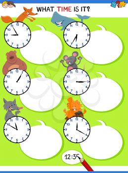 Cartoon Illustrations of Telling Time Educational Activity with Clock Face and Animals for Children