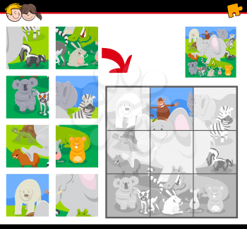 Cartoon Illustration of Educational Jigsaw Puzzle Game for Children with Funny Wild Animals Group