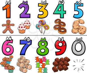 Cartoon Illustration of Educational Numbers Collection from One to Nine with Sweet Food Objects