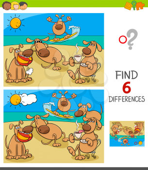 Cartoon Illustration of Finding Six Differences Between Pictures Educational Game for Children with Funny Dogs on Holiday Vacation