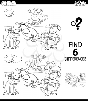 Black and White Cartoon Illustration of Finding Six Differences Between Pictures Educational Game for Children with Funny Dogs on Holiday Vacation Coloring Book