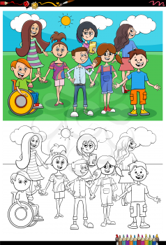 Cartoon Illustration of Children and Teenagers Characters Group Coloring Book Page