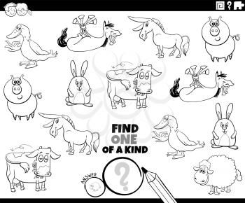 Black and White Cartoon Illustration of Find One of a Kind Picture Educational Game with Comic Farm Animal Characters Coloring Book Page