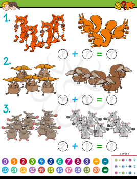 Cartoon Illustration of Educational Mathematical Addition Puzzle Task for Kids with Wild Animal Characters