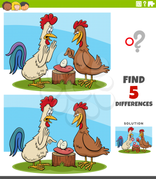 Cartoon illustration of finding the differences between pictures educational game for children with rooster and hen with their egg
