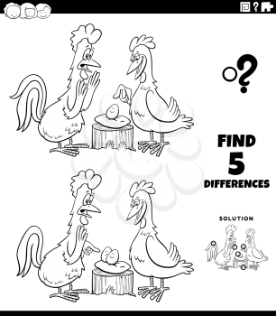 Black and white cartoon illustration of finding the differences between pictures educational game for children with rooster and hen with their egg coloring book page