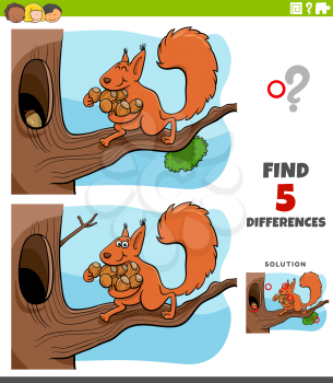 Cartoon illustration of finding the differences between pictures educational game for children with squirrel carrying acorns to her tree hollow