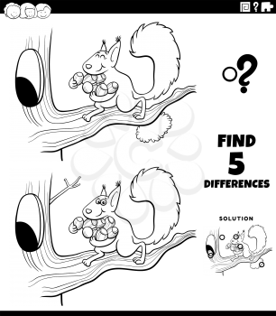 Black and white cartoon illustration of finding the differences between pictures educational game for children with squirrel carrying acorns to her tree hollow coloring book page