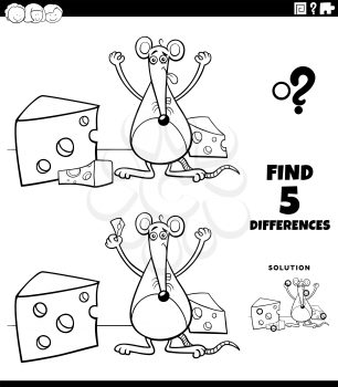 Black and white cartoon illustration of finding the differences between pictures educational game for children with happy mouse and pieces of cheese coloring book page