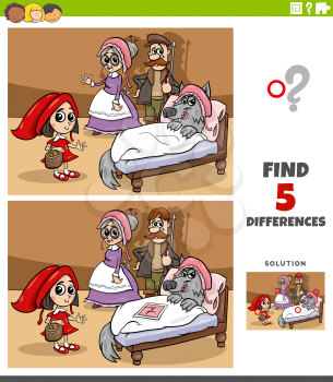 Cartoon illustration of finding the differences between pictures educational game for children with Little Red Riding Hood and wolf and grandma and huntsman
