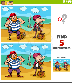Cartoon illustration of finding the differences between pictures educational game for children with pirates and their treasure