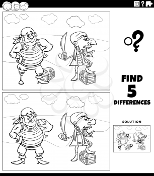 Black and white cartoon illustration of finding the differences between pictures educational game for children with pirates and their treasure coloring book page