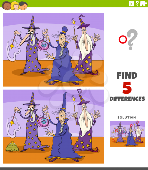 Cartoon illustration of finding the differences between pictures educational game for children with three wizards fantasy characters
