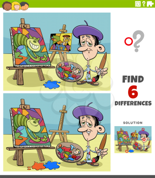 Cartoon illustration of finding the differences between pictures educational game for children with painter artist