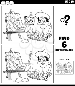 Black and white cartoon illustration of finding the differences between pictures educational game for children with painter artist coloring book page