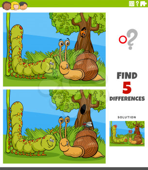 Cartoon illustration of finding the differences between pictures educational game for children with caterpillar and snail and fly