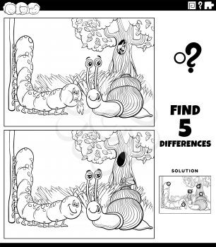 Black and white cartoon illustration of finding the differences between pictures educational game for children with caterpillar and snail and fly coloring book page