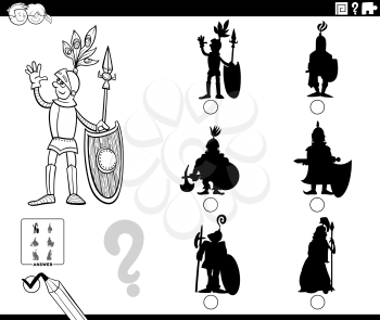 Black and white cartoon illustration of finding the right picture to the shadow educational task for children with knight character coloring book page