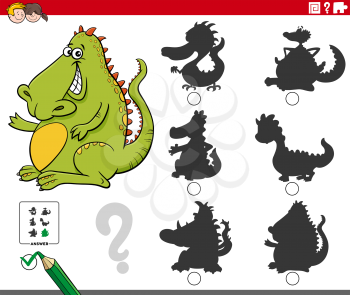 Cartoon illustration of finding the right shadow to the picture educational game for children with dragon fantasy character
