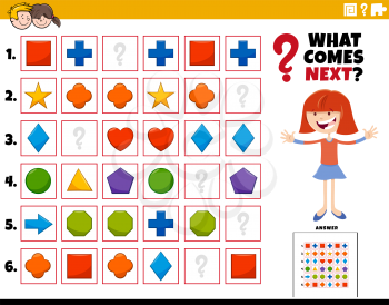 Cartoon illustration of completing the pattern in the rows educational activity for children