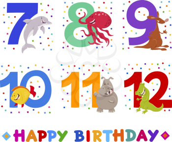 Cartoon Illustration Design of the Birthday Greeting Cards Set for Children with Cute Animals