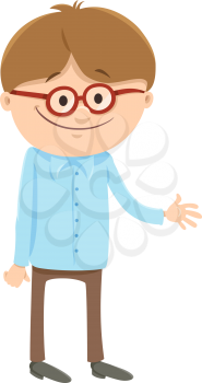 Cartoon Illustration of Happy Elementary Age or Teen Boy Character with Glasses