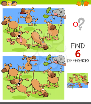 Cartoon Illustration of Finding Six Differences Between Pictures Educational Game for Children with Happy Dogs in the Park