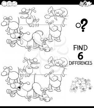 Black and White Cartoon Illustration of Finding Six Differences Between Pictures Educational Game for Children with Happy Dogs in the Park Coloring Book