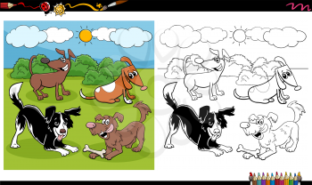 Cartoon Illustration of Playful Dogs and Puppies Animal Characters Coloring Book Page