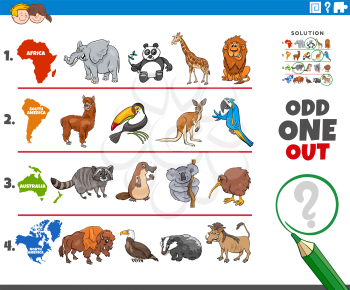 Cartoon Illustration of Odd One Oute Picture in a Row Educational Game for Elementary Age or Preschool Children with Animal Species from different Continents