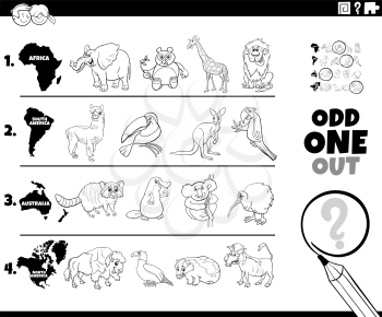 Black and White Cartoon Illustration of Odd One Oute Picture in a Row Educational Game for Elementary Age or Preschool Children with Animal Species from different Continents Coloring Book Page