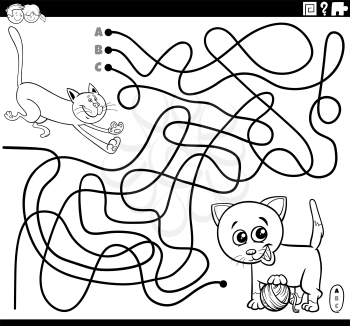 Black and White Cartoon Illustration of Lines Maze Puzzle Game with Playful Cats or Kittens Characters Coloring Book Page
