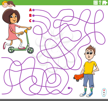 Cartoon Illustration of Lines Maze Puzzle Game with Girl on Scooter and Boy with Skateboard