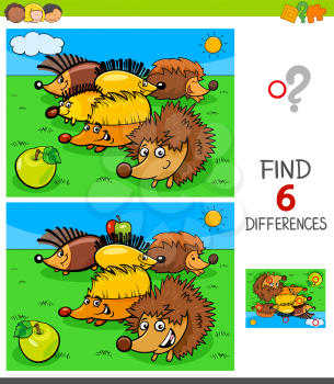 Cartoon Illustration of Finding Six Differences Between Pictures Educational Game for Children with Hedgehogs Animal Characters