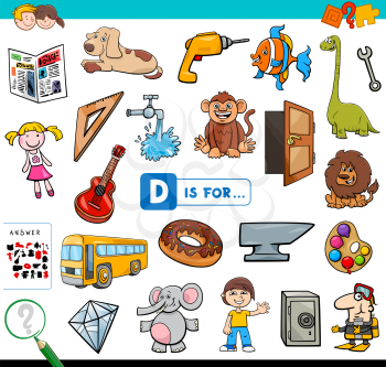 Cartoon Illustration of Finding Picture Starting with Letter D Educational Task Worksheet for Children