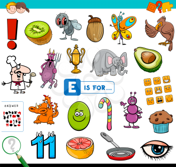 Cartoon Illustration of Finding Picture Starting with Letter E Educational Task Worksheet for Children