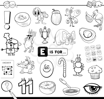 Black and White Cartoon Illustration of Finding Picture Starting with Letter E Educational Task Worksheet for Children Coloring Book