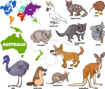 Educational Cartoon Illustration of Australian Animals Set and World Map with Continents Shapes