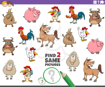 Cartoon Illustration of Finding Two Same Pictures Educational Task for Children with Farm Animal Characters